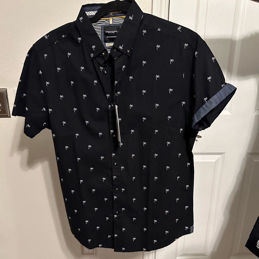 Denim and flower men’s button down printed shirt